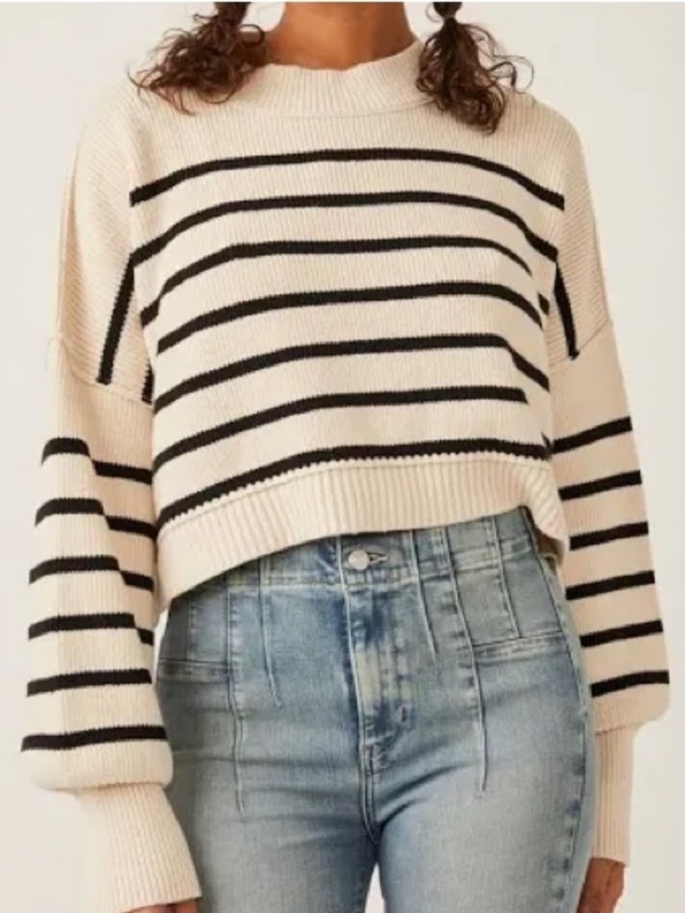 Free People Easy Street Striped Oversized Pullover Pearl Black Stripes Large